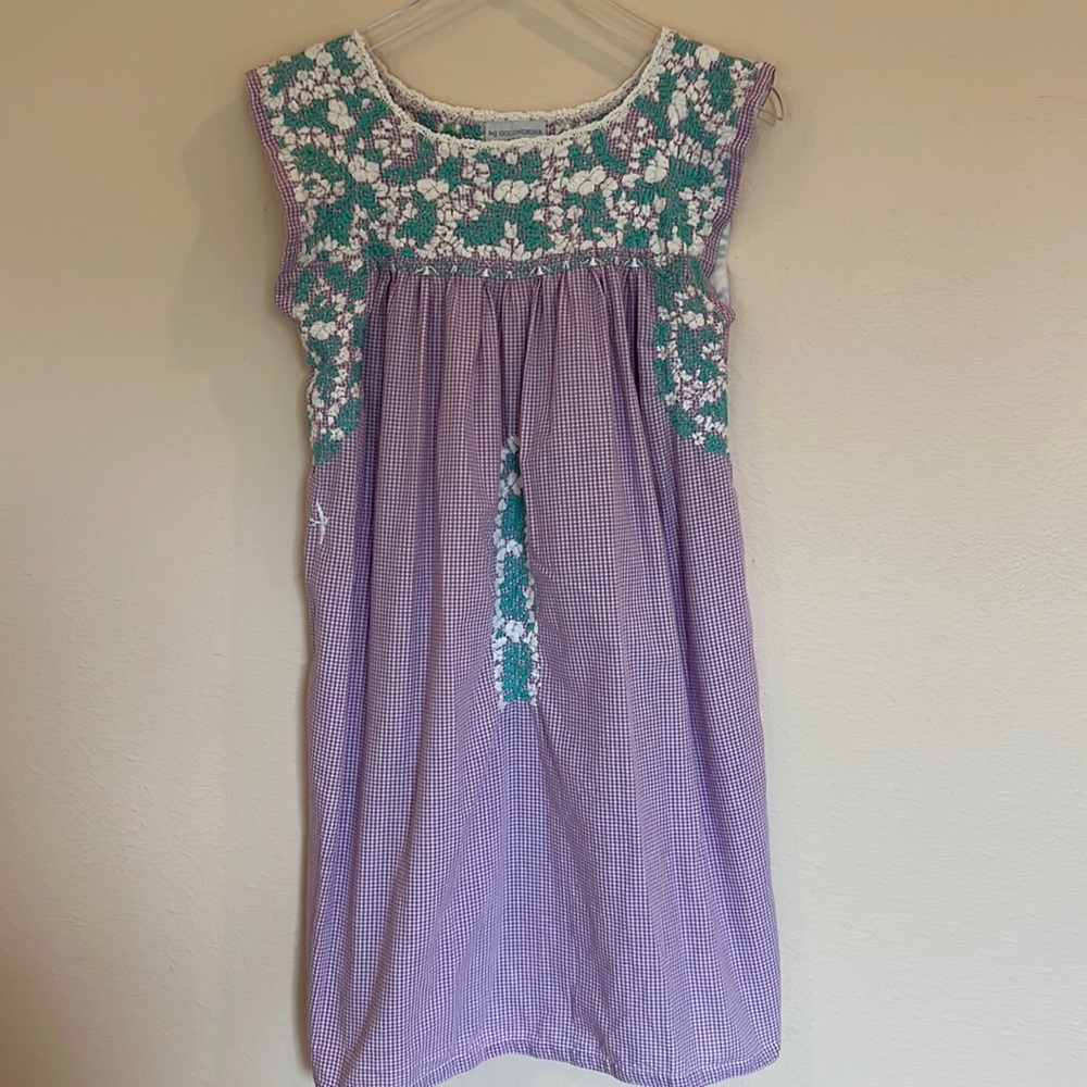Mi Golondrina Flores Short Dress Purple and White Gingham Size Small